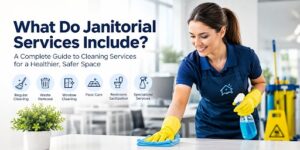 Janitorial worker cleaning a commercial office with professional equipment